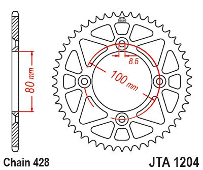 Rear ALU sprocket JT JTA 1204-49RED 49)T, nt((428 Red